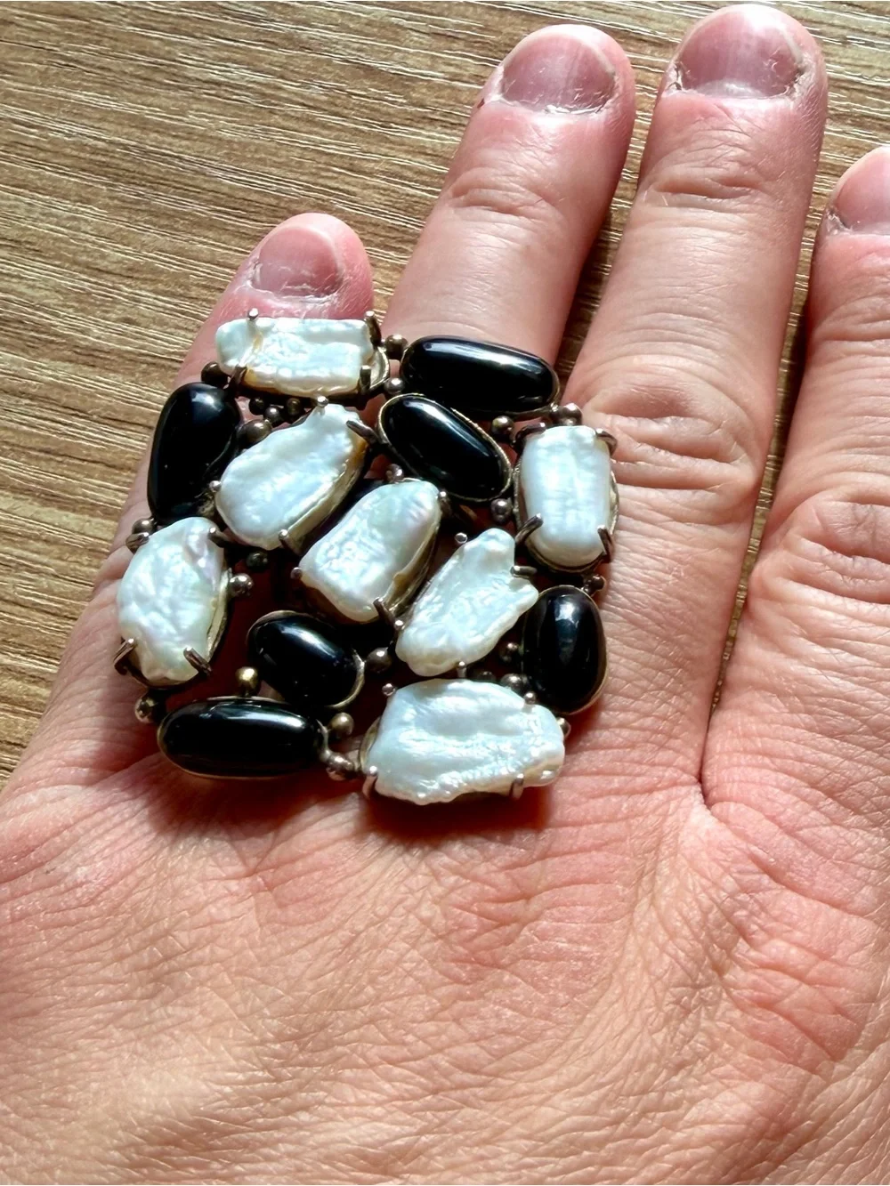 Vintage CFJ THAI 925 Sterling Silver Baroque Pearl Black Onyx Cluster Ring Sz 8